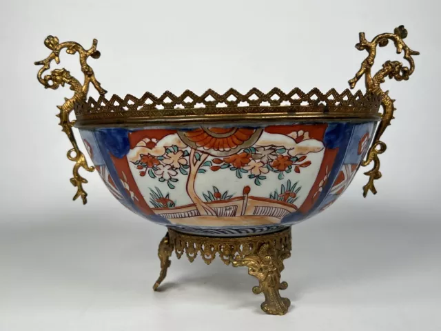 Antique French Chinoiserie Japonisme Bronze Ormolu Japanese Imari Porcelain Bowl 3