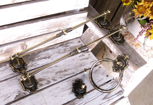 Vintage Amerock Brass Tone Metal Bathroom SET 2 Towel Bars 1 Ring & Wall Hook
