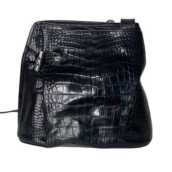 Longchamp VTG Croc Embossed Roseau Side Zip Toggle Shoulder Bag
