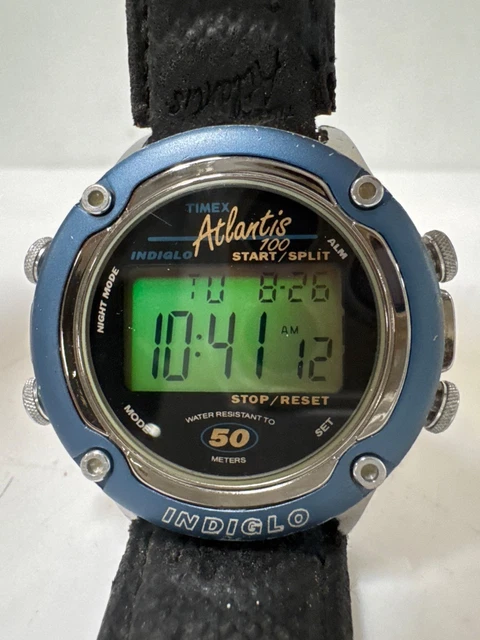 1980'S TIMEX ATLANTIS 100 Indiglo Light Blue Digital Watch