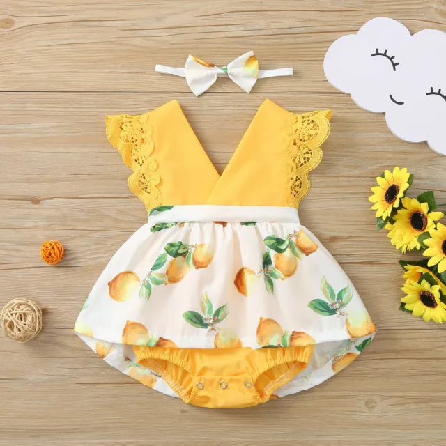 Toddler Kids Baby Girls Lace Lemon Print Dress Romper Headbands Princess Outfits