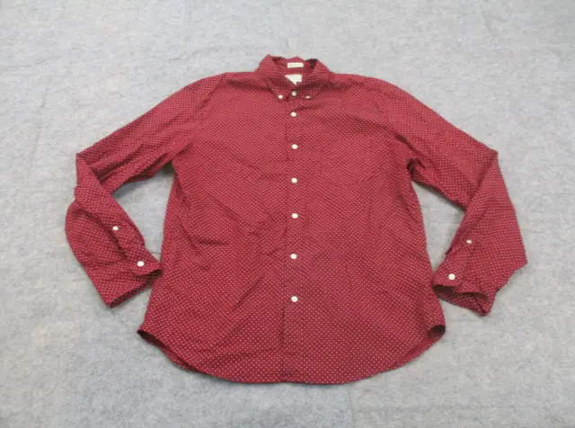 J Crew Shirt Mens Large Red White Polka Dot Slim Fit Cotton Button Up Adult