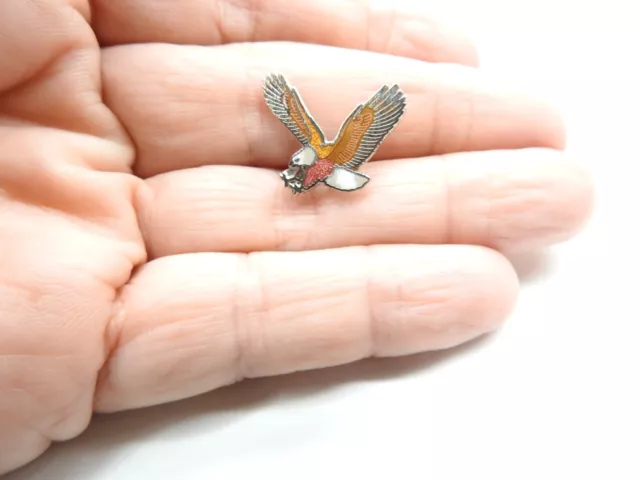 Brown Red Yellow White Gray Enamel Silver Tone Metal Eagle Lapel Hat Pin Vintage