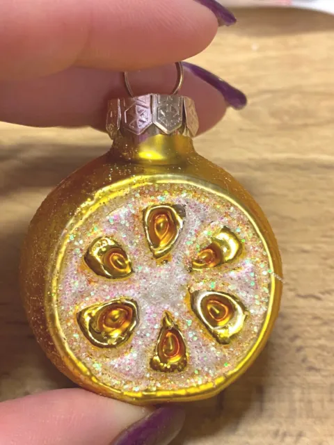 Lemon Shaped Glass Christmas Ornament Yellow Glitter 2" NOS