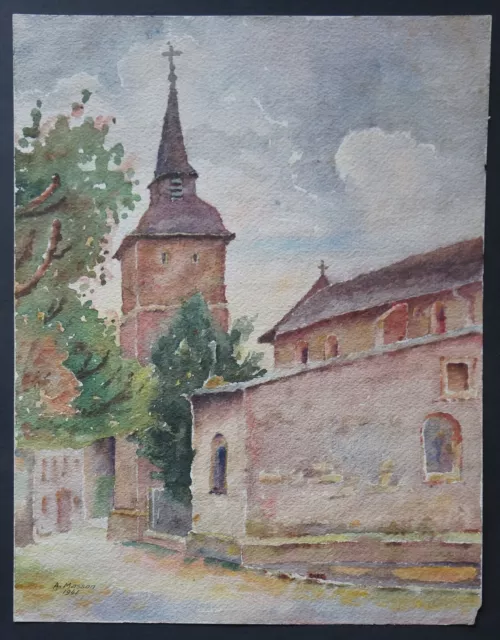 A. MASSON - Aquarelle - " EGLISE  VILLAGE LORRAIN  1941  "  Signé