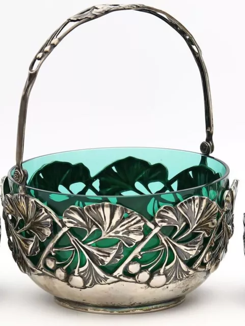 Jugendstil 800 Silber Bruckmann J.P.W &S Schale mit Glaseinsatz, Ginkgoblätter Jugendstil 800 Silber Bruckmann J.P.W &S Schale mit Glaseinsatz, Ginkgoblätter