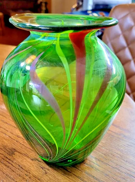 Hand  Blown Art Glass Vase green with brown yellow stripes, 5.75 in