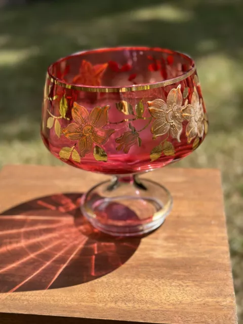 Bohemia Moser Style Cranberry Crystal Footed Bowl Hand Painted Gold Trim Czech