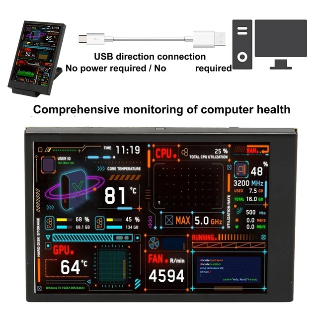 COMPUTER TEMP MONITOR 3.5 Inch IPS USB Mini Screen AIDA64 PC CPU RAM ...