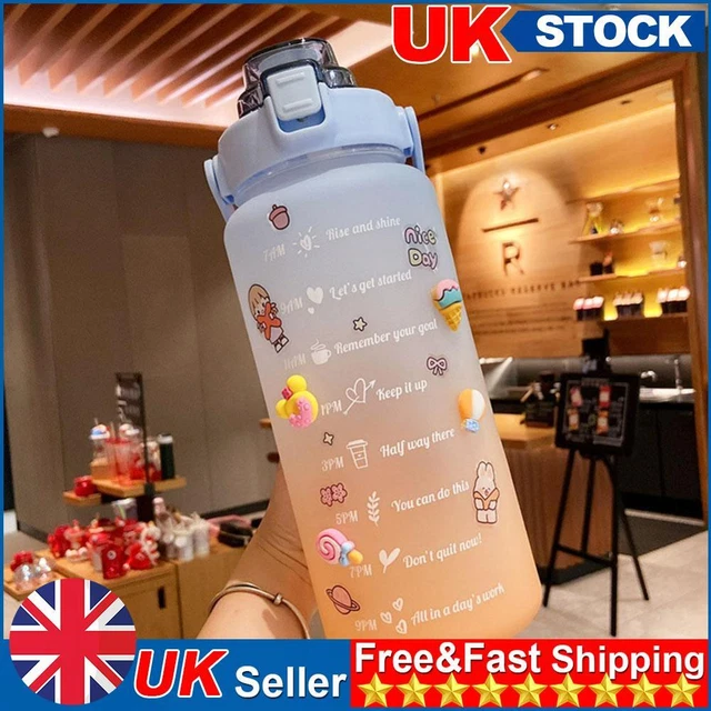 2L Water Bottle Straw Cup Sport Time Scale Jug w/ Stickers (Gradient Blue)