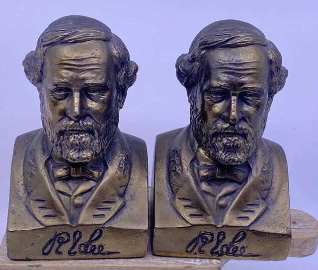 VINTAGE BRASS COLOR Metal Robert E. Lee Bust Sculpture Bookend Set