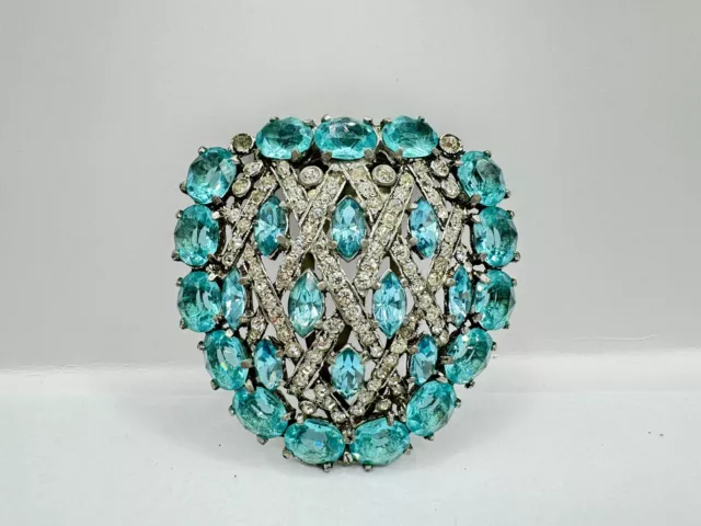 Eisenberg Original Signed N Aqua Blue And Clear Rhinestone Fur Clip Brooch