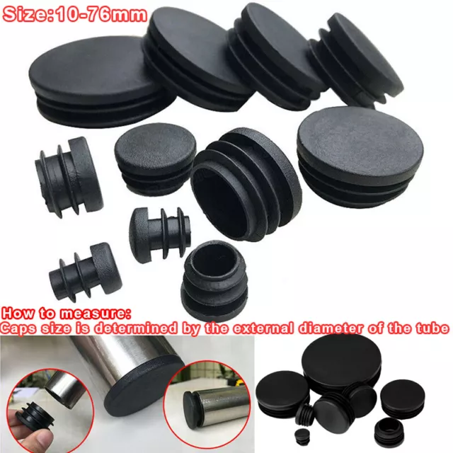 10 to 76mm Round Plastic End Cap Caps Tube Blanking Pipe Inserts Plug Bung Black