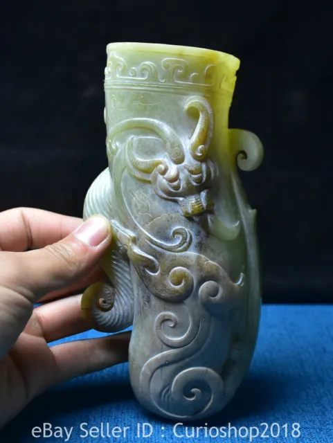 6.6" Chinese Natural Hetian Nephrite Jade Carving Dragon Pixiu Beast Cup