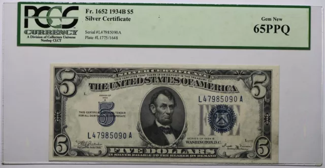 1934B $5 PCGS65 PPQ (Five Dollars) Silver Certificate Fr#1652 Banknote Currency