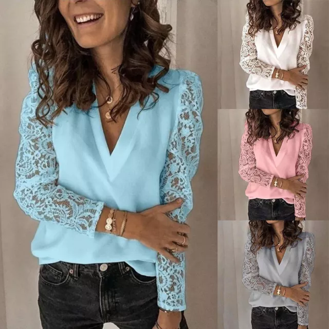 Donna Top Vacanza T-Shirt Camicetta IN Pizzo Donna Scollo V Tee Con