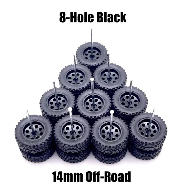 5x Sets Black 8 Hole 14mm OFF ROAD Real Rider Wheel W/ Rubber 1/64 H0T Wheelz