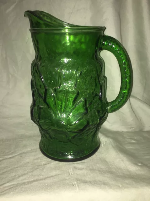 Mid Century Avocado Green Glass Pitcher Floral Pattern Design 1/2 Gallon