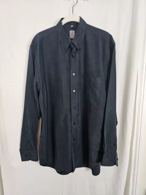 T E Casualwear Large Shirt Navy Blue Button Down Collar Silk Style Fabric