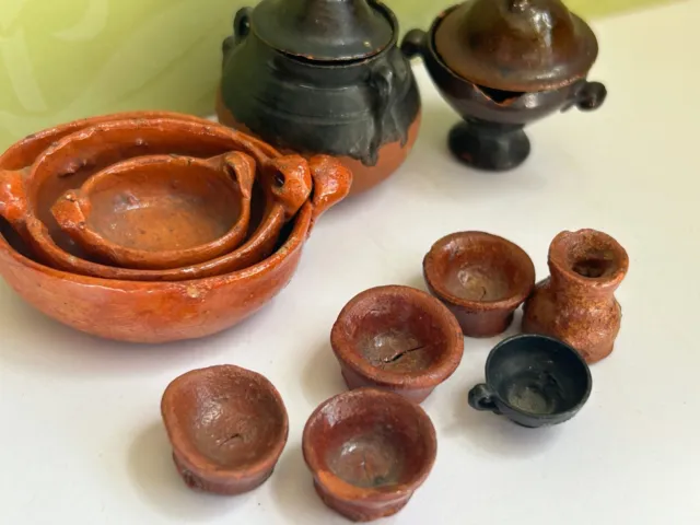 vtg Doll house STONEWARE LOT antique nesting bowl casserole pot redware pottery 2