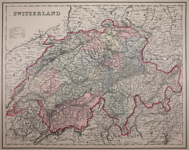 Authentic 1878 O.W. Gray Atlas Map ~ SWITZERLAND ~ FreeS&H   Inv#177