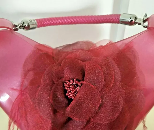 Fluorescent Hot Pink Tote PVC Transparent Rope Handle Bag Flower Satin Pouch 3