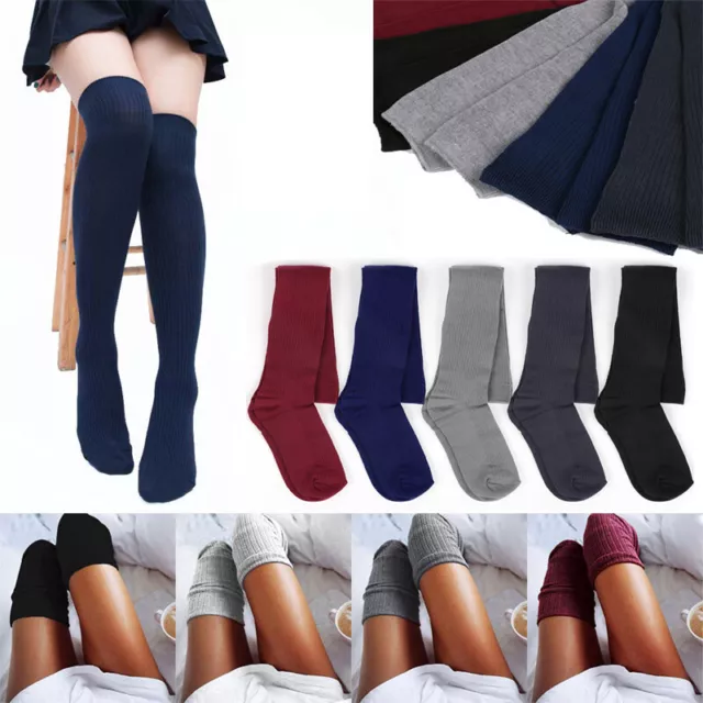 Ladies Girls Over The Knee Socks Plain Thigh High Warm Cotton Stocking One Size