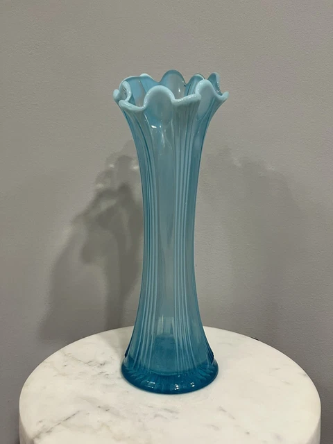 Antique Northwood Victorian EAPG Opalescent Blue Swung Vase 9" Tall (Read!)