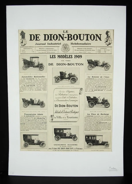 Publicité Ancienne De Dion-Bouton 1909 - Page De Magazine - 28x38 Cm - Noir Et Blanc
