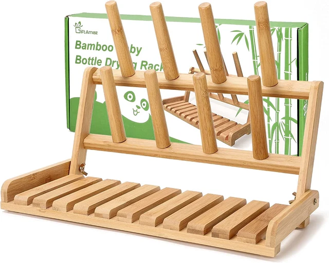 Bamboo Baby Bottle Drying Rack, Space Saving Countertop Bottle Holder Portable D