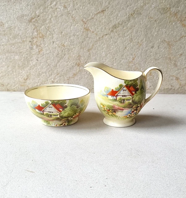 Vintage 1940s Royal Winton Grimwades English Red Roof Bone China Sugar & Creamer