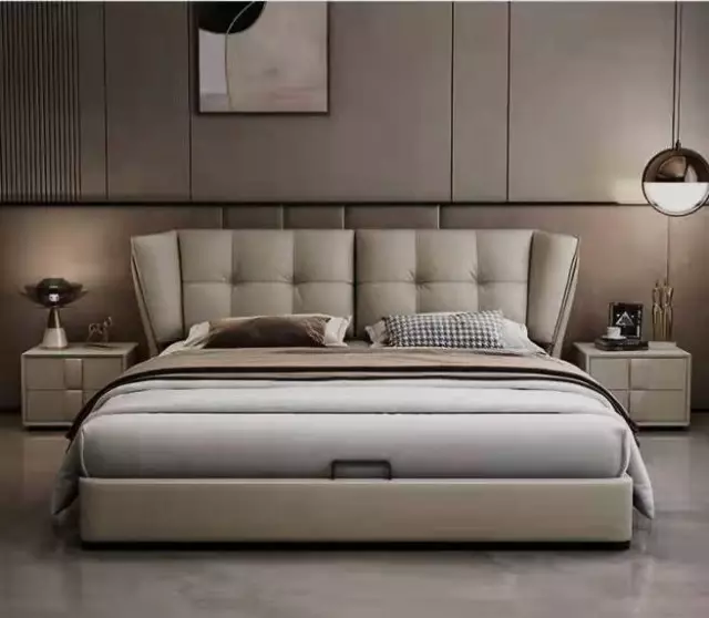 REMY Luxurious Leather Bed Frame Solid Timber Light Grey Colour Queen/King