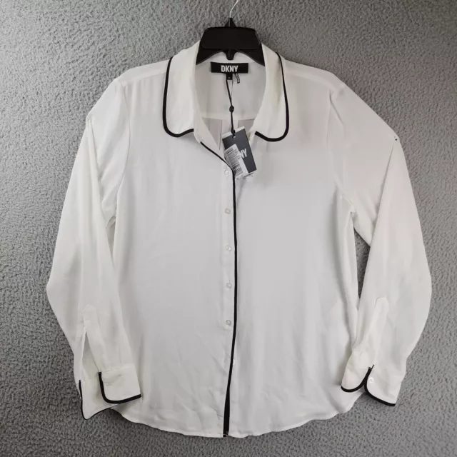 DKNY Piped Trim Button Up Shirt Women's XL White/Black Collared Long Sleeve~