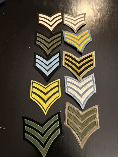 New 3 Stripe Sergeant Chevron Rank Uniform Patch Lot of 10 Different Colors!