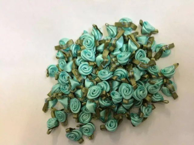 10 X Mini Small Turquoise Satin Ribbon Rose Buds Flowers with Green Leaves