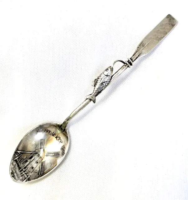 Nantucket MA Windmill Sterling Silver Souvenir Spoon Oar Fish on Line Figural