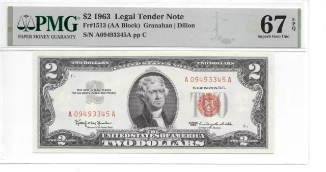 Fr# 1513 $2 1963 Legal Tender Red Seal Note PMG 67 EPQ Superb Gem Uncirculated