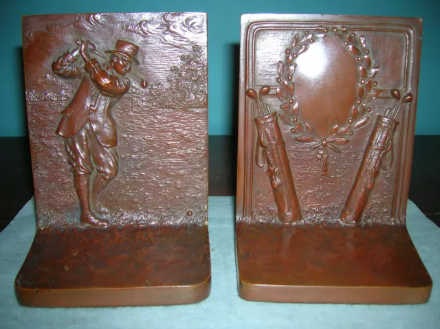 Antique golf sport solid bronze bookends Griffoul Foundry, near mint, 1915