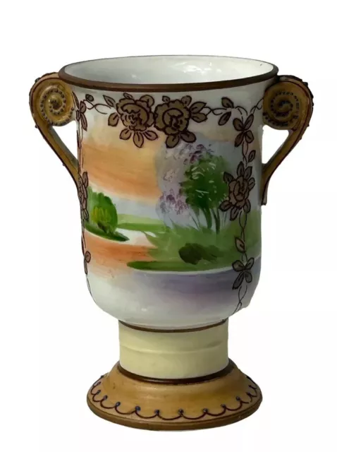 Nippon Morimura Hand Painted Trees & Lake Landscape Rose Raised Enamel Vase