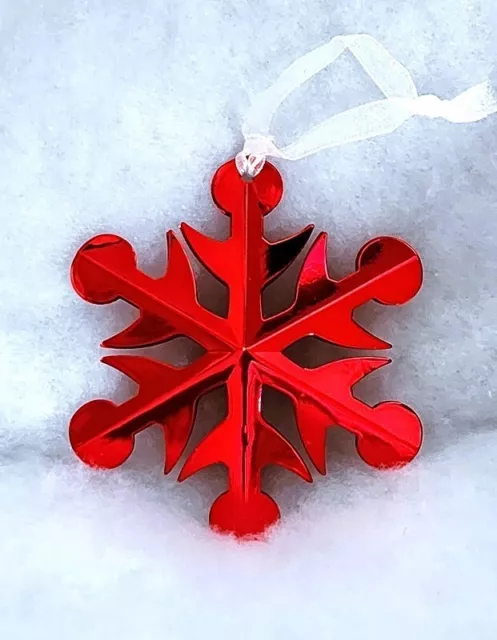 Red Metal Snowflake Ornament with White Hanging Ribbon, Double Sided, Shiny