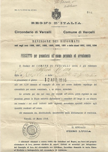 lettera precetto 1916