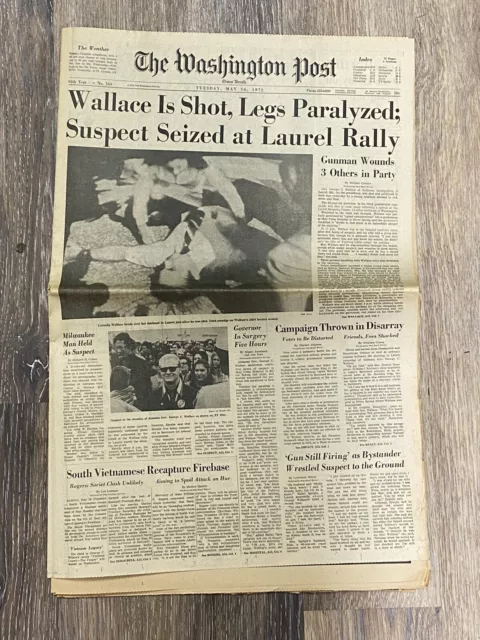 George Wallace Shot Alabama Governor Pro Segregation 1972 Historic Newspaper