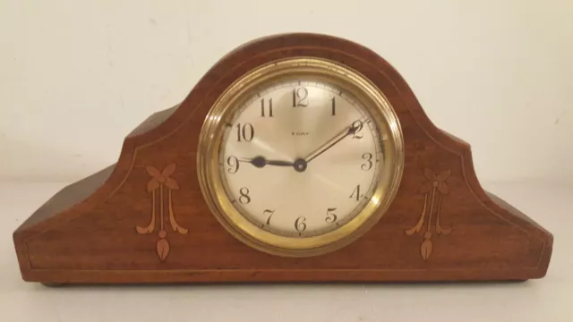 Antique Working French Victorian Inlaid Mini Mahogany Tambour Mantel Shelf Clock