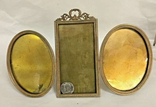Antique French Style Victorian Brass Triptych (Triple) Picture Photo Frame