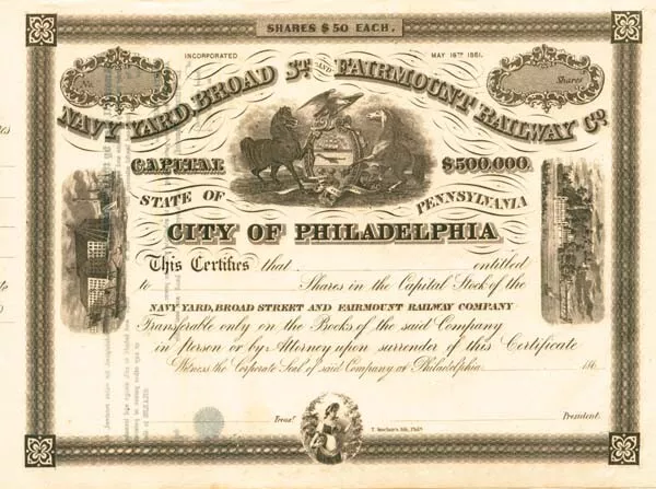 Navy Yard, Broad St. and Fairmount Railway - Stock Certificate - Railroad Stocks