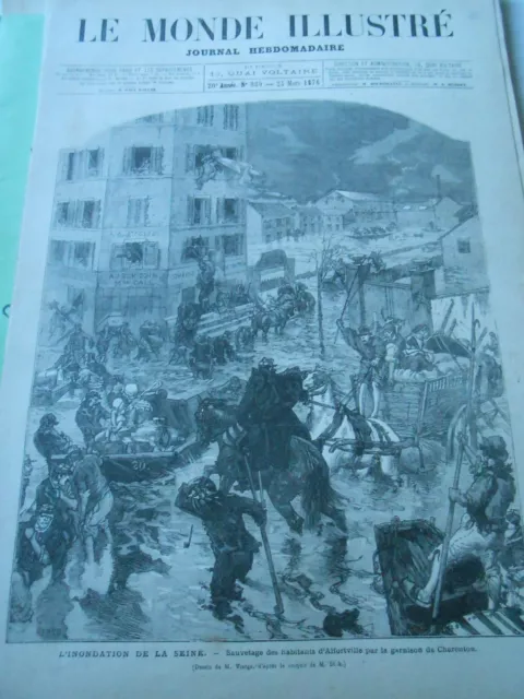 Gravure 1876 - Inondation de la Seine Sauveatge des habitants d'Alfortville