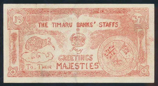 New Zealand: 1937 Timaru Banks' Staffs "CORONATION GREETINGS" Funny Money. RARE!