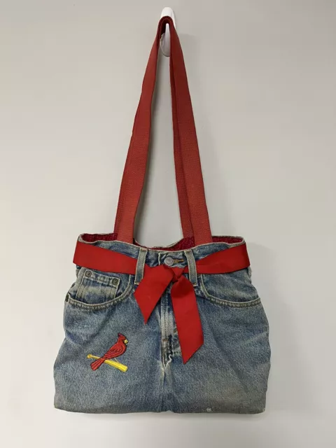 Upcycled Blue Denim Levis Jeans Shoulder Bag, Tote, Red Inner Fabric Cardinals