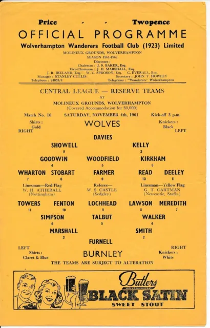 Wolves Reserves v Burnley (Central League) 1961/1962