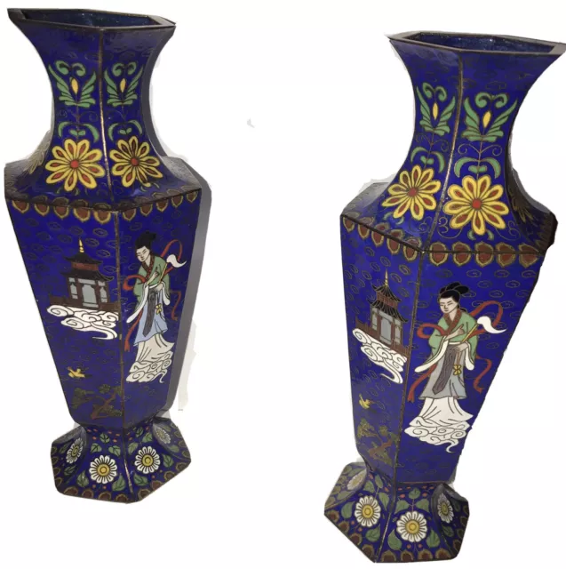 Rare 8” Tall Chinese  CLOISONNÉ  Brass Hand Painted  Pair Of Vases Unique